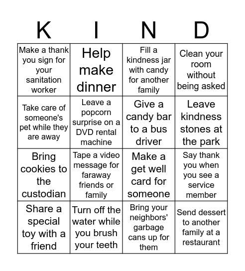 Acts of Kindness Bingo Card