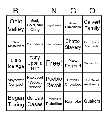 APUSH 1 & 2 Bingo Card