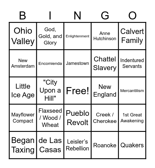 APUSH 1 & 2 Bingo Card