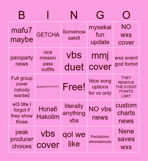 PRSK STREAM APR 27 Bingo Card