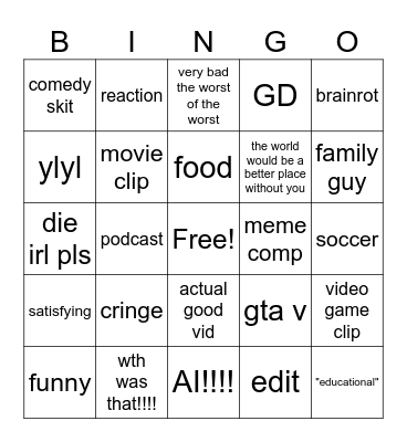 yt shorts bingo Card
