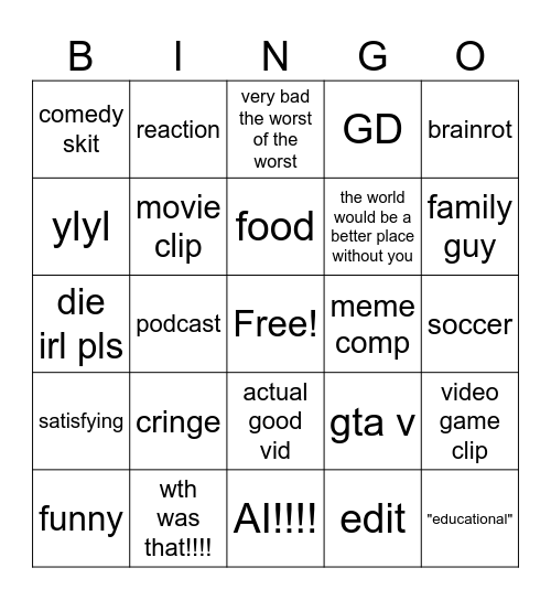 yt shorts bingo Card