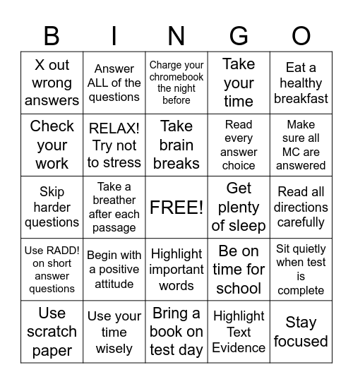 Test Taking Strategies Bingo Card