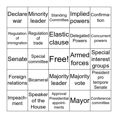 Legislative Branch BINGO Card