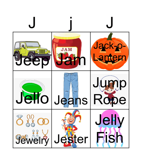 Letter J Bingo Card