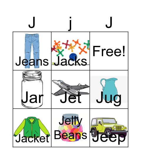 Letter J Bingo Card