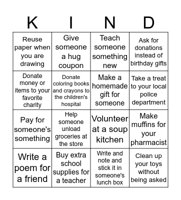 Acts of Kindness Bingo Card