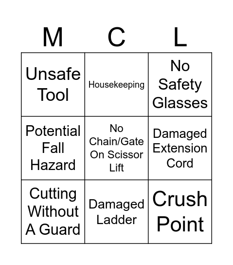 Genesis & Cadillac Safety Bingo Card