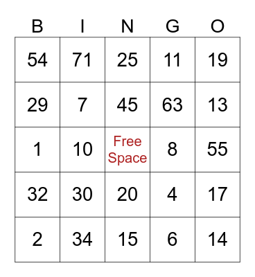 1-75 Bingo Card
