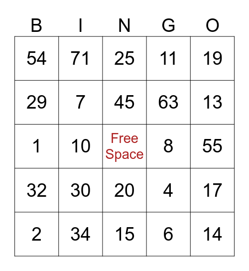 1-75 Bingo Card