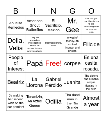 Summer of the Mariposas: Chapters 1-6 Bingo Card