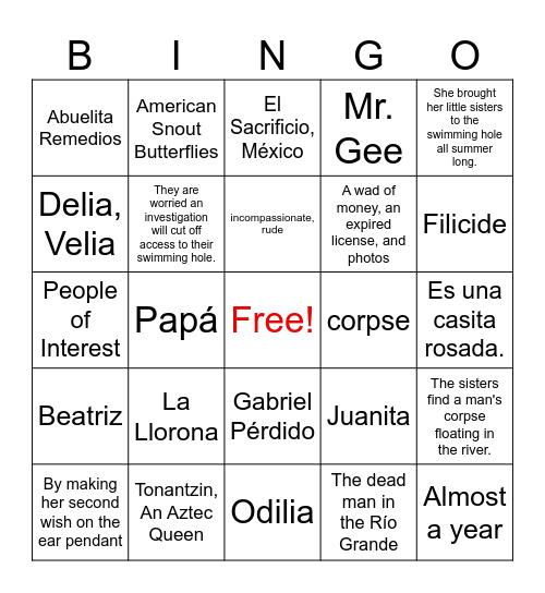 Summer of the Mariposas: Chapters 1-6 Bingo Card