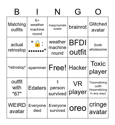 Roblox Natural disaster survival avatars + the game in general Bingo Card