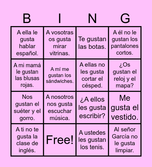 Gusta Sentences Bingo Card