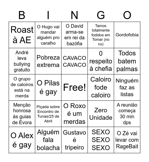 BINGO DA REUNIÃO DE CALOIROS Bingo Card