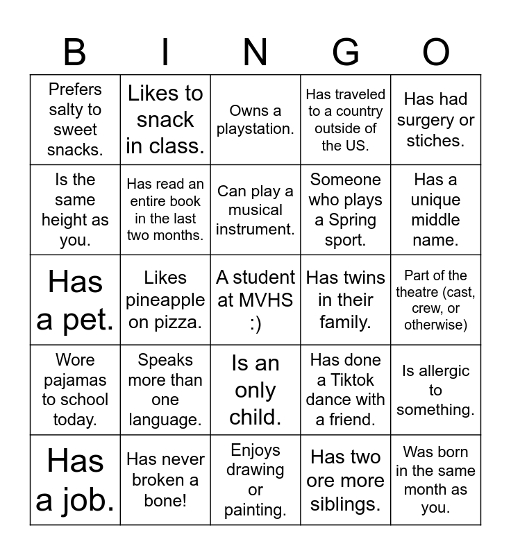 Class Bingo :) Bingo Card