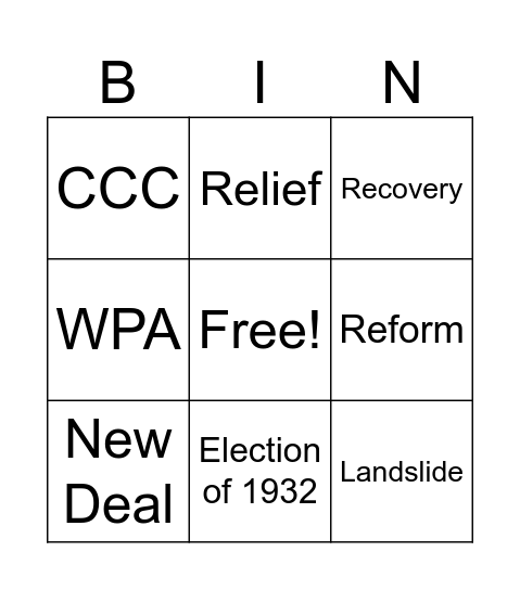 New Deal Bingo Card
