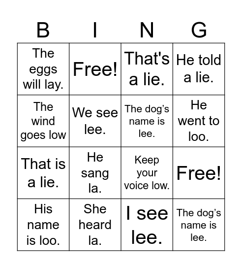/l/ syllable bingo Card