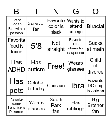 Noah bingo Card