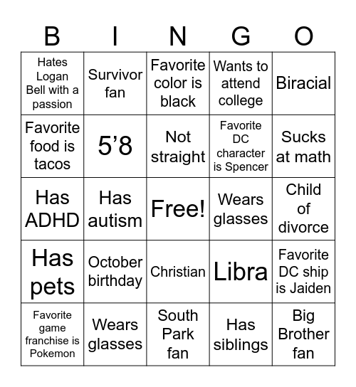 Noah bingo Card