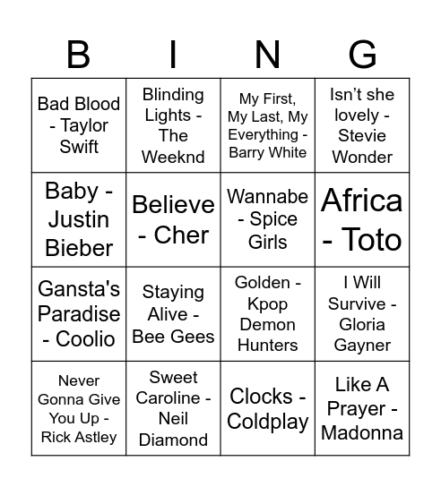 Music Bingo Card