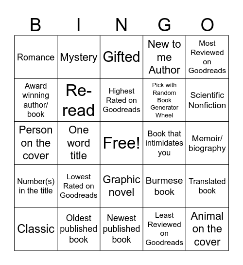 Physical TBR bingo Card