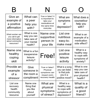 Mental Health Recovery Bingo Card