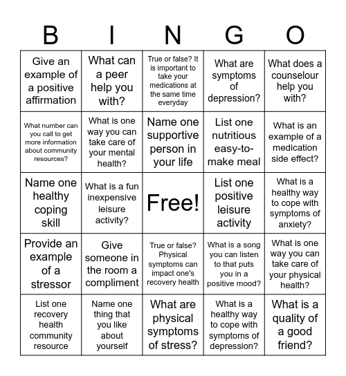 Mental Health Recovery Bingo Card