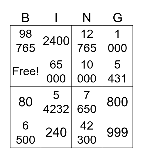 NUMBERS Bingo Card