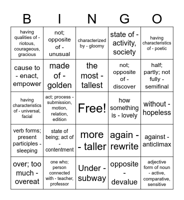Prefix and Suffix Bingo! Bingo Card