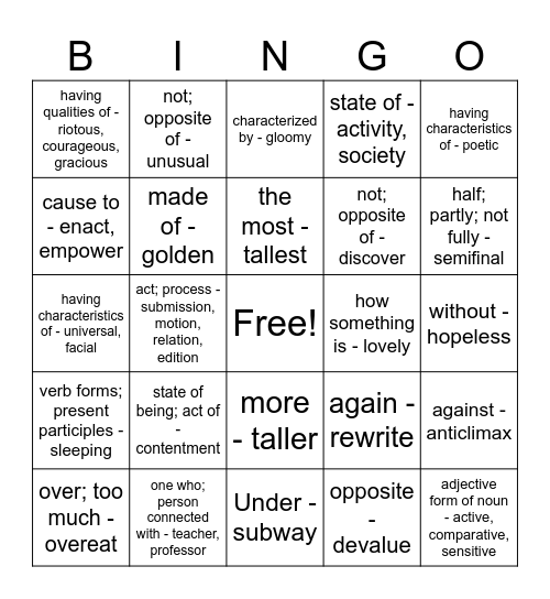 Prefix and Suffix Bingo! Bingo Card
