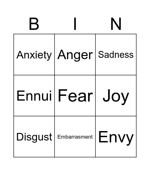 Emotion Card Bingo Card