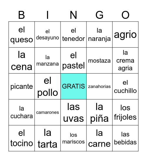 Sp. 2 - Alimentos, Bebidas, Condimentos Bingo Card