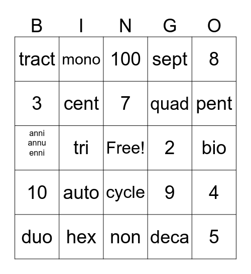 Morphemes Bingo Card