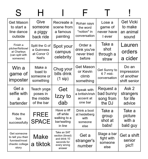 Shift Senior Bar Crawl Bingo! Bingo Card