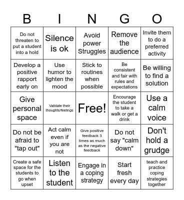 De-escalation Do's and Don'ts Bingo Card