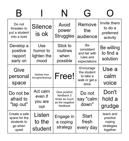 De-escalation Do's and Don'ts Bingo Card