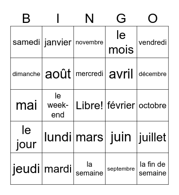 Mois et jours Bingo Card