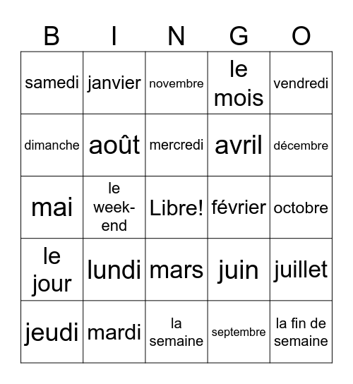 Mois et jours Bingo Card