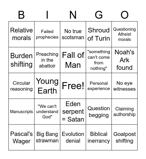 Apologetics Sophistry Bingo Card