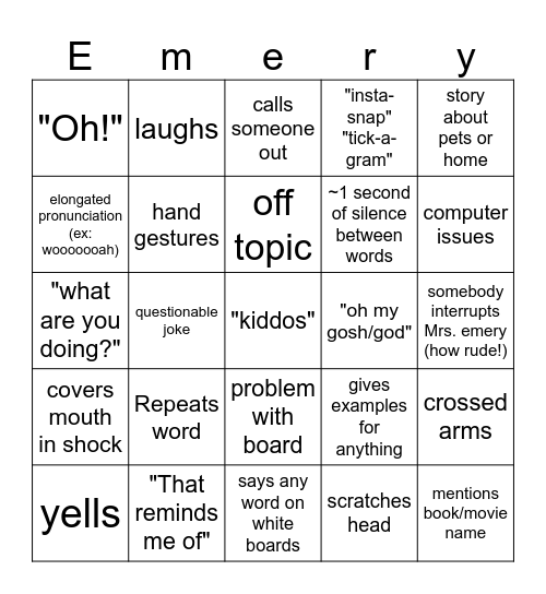 Mrs. Emery Bingo Card
