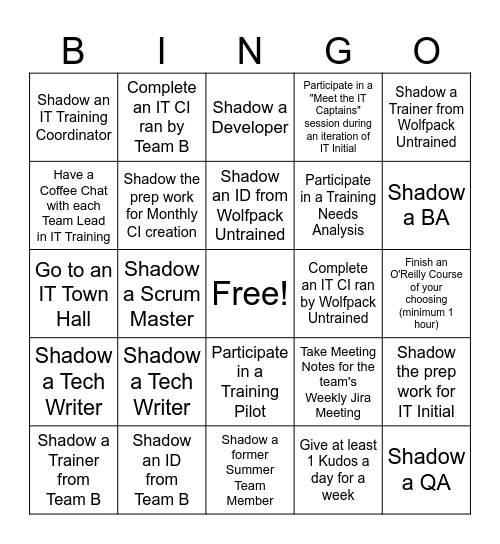 Summer Team Member Bingo Card