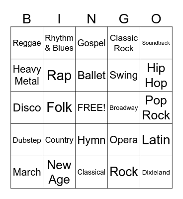 Music Genre Bingo Card