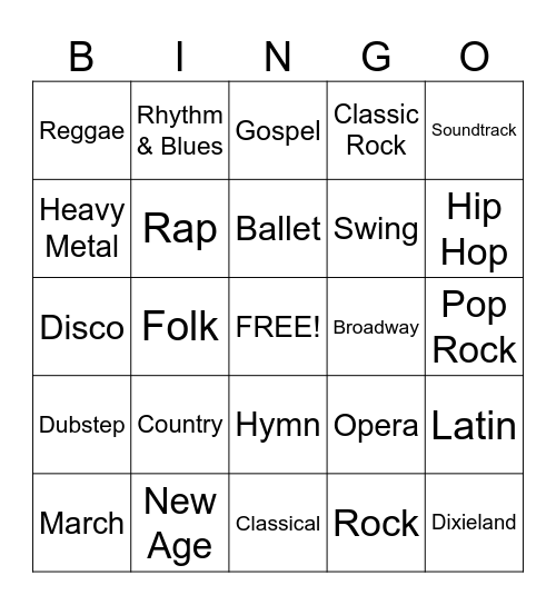 Music Genre Bingo Card