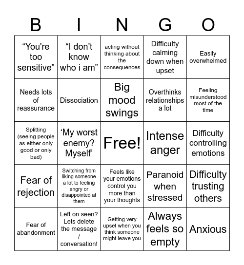 BPD BINGO! (For fun only, not a diagnosis) Bingo Card