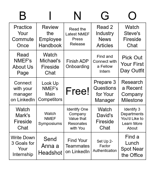 Summer Intern Bingo Card