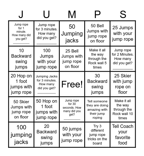 Jump Rope Bingo Card