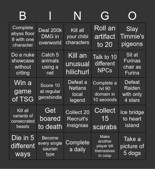 Genshin lockout Bingo Card