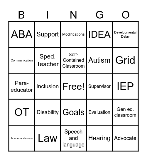 Special Education Bingo Card