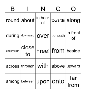 Prepositions Bingo Card